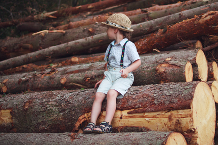 boy sitting on logsの写真素材