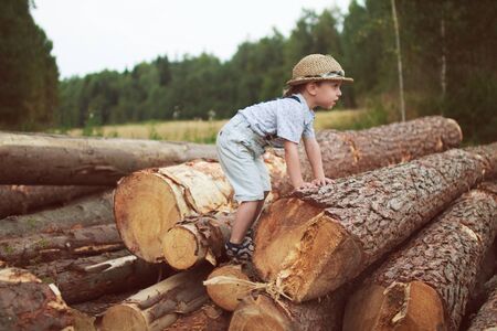 boy sitting on logsの写真素材