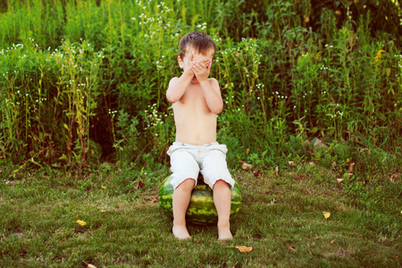 child with watermelonの写真素材