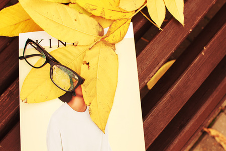 glasses with a magazine on a bench in autumn parkの写真素材