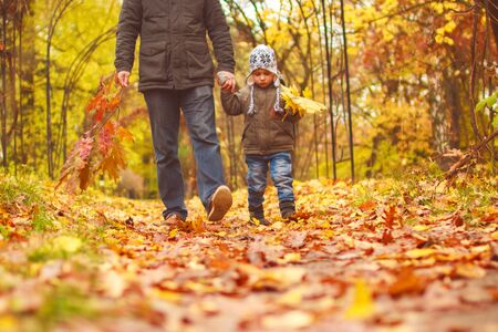 Dad with a child walking in autumn parkの写真素材