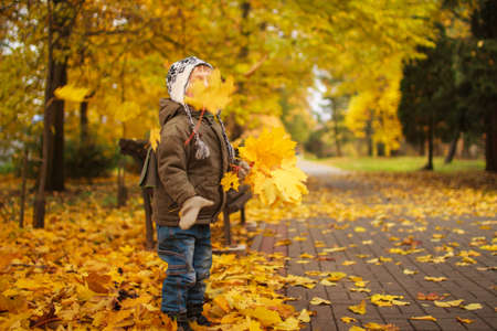 child with leaves in autumn parkの写真素材