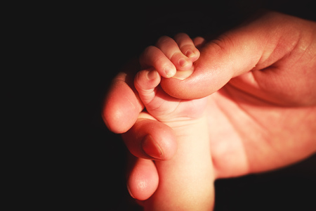 parent's hand holding newborn's hand