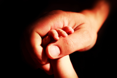 parent's hand holding newborn's handの写真素材