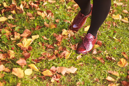 girl in a shoe walks in the autumn parkの写真素材