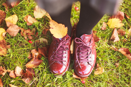 girl in a shoe walks in the autumn parkの写真素材