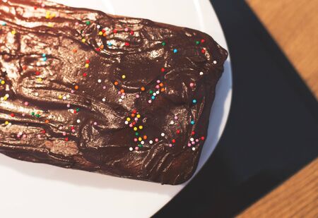 a homemade chocolate cake on a plateの写真素材