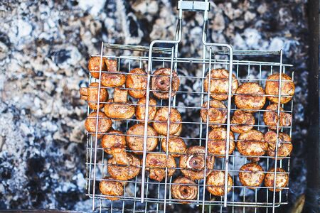 marinated mushrooms champignons fried on the grillの写真素材