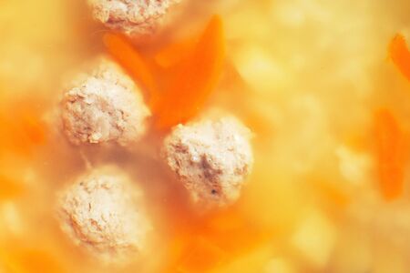 meatball soup macro. chicken soup close up. meatball soup backgroundの写真素材