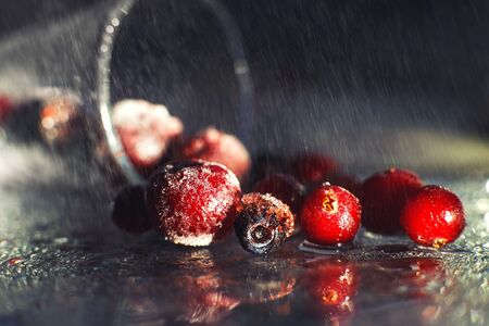 closeup frozen berries on the glass with reflection . frozen berries  on a dark background macro. cranberries blueberries and cherries の写真素材