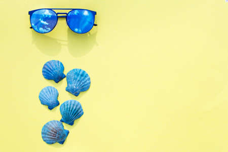 Travel vacation background. Sun glasses sea shells yellow background. Concept summer holidays.の写真素材
