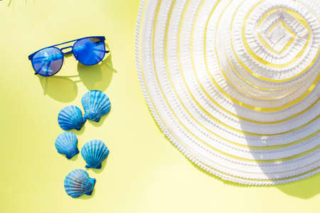 Travel vacation background. Sun glasses sea shells yellow background. Concept summer holidays.の写真素材
