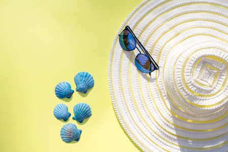 Travel vacation background. Sun glasses sea shells yellow background. Concept summer holidays.の写真素材