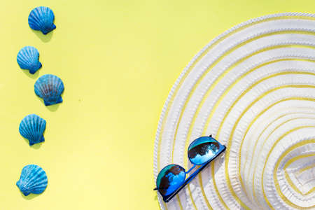 Travel vacation background. Sun glasses sea shells yellow background. Concept summer holidays.の写真素材
