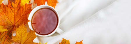 A white cup of coffee or tea with golden autumn leaves on a knitted white plaid background .top view...