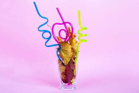 autumn leaf cocktail. autumn leaves in a glass with a curly straw on a pink backgroundの写真素材