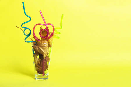 autumn leaf cocktail. autumn leaves in a glass with a curly straw on a yellow backgroundの写真素材