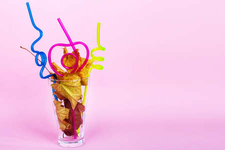 autumn leaf cocktail. autumn leaves in a glass with a curly straw on a pink backgroundの写真素材