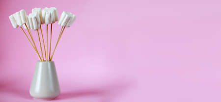 bouquet of marshmallows in the vase on a pink background. bannerの写真素材