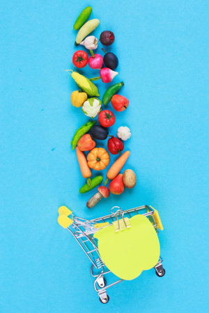 Metal shopping cart with fruits and vegetables on blue background. Toy miniature shopping trolleyの写真素材
