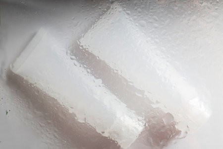spa cosmetic products, transparent tube. Concept of natural moisturizing skin care products. Face and hand cream under a glass surface with water on a white background.の写真素材