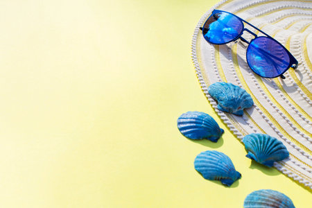 Travel vacation background. Sun glasses sea shells bright yellow background. Concept summer holidays.の写真素材