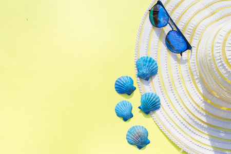 Travel vacation background. Sun glasses sea shells bright yellow background. Concept summer holidays.の写真素材
