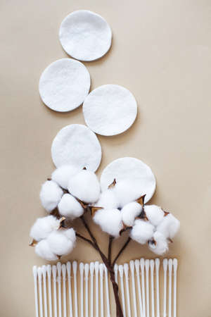fluffy cotton flower cotton pads and cotton swabs on a beige background with copy space. hygienic disposable productの写真素材