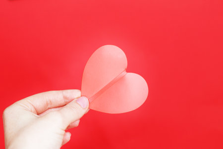 female hands hold a red heart isolated on a red background. Love, Wedding, Valentines day, 8 March concept. Copy space. your textの写真素材