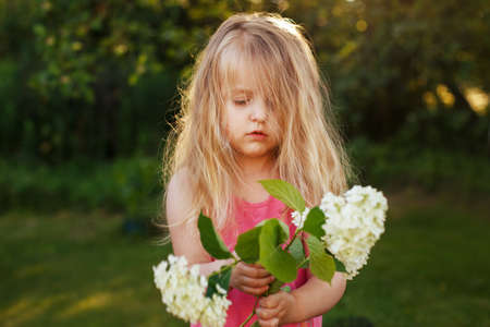 portrait of little girl outdoors in summer with flowersの写真素材