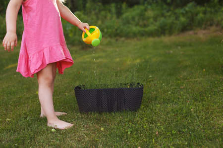 Cute little girl watering flowers in summer gardenの写真素材