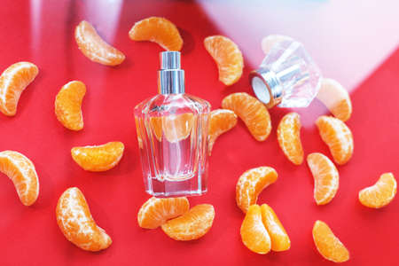 perfume bottle for women with citrus notes on a red background, decorated with Mandarin slices. The concept of a fresh citrus perfume or aromatherapy, fruity aromas.の写真素材