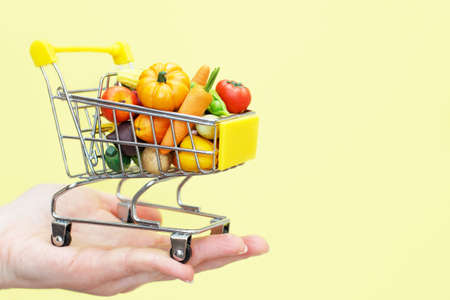 Metal shopping cart with fruits and vegetables on the persons hand on yellow background. Food delivery internet shopping conceptの写真素材