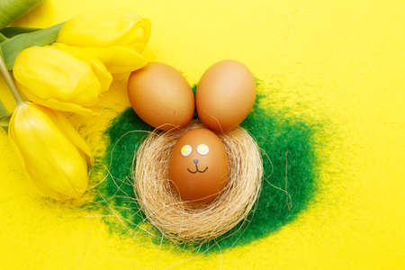 happy easter bunny eggs in nest with flowers tulips on the decorative grass on a yellow background. copy space for textの写真素材