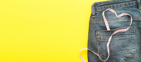 Close up of blue jeans with measure tape in the pocket in form of a heart. concept of a healthy lifestyle and diet with love to your body.bannerの写真素材