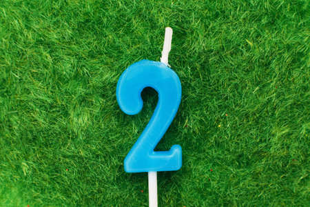candle in the form of number two on the green grass background, a place for a greeting text