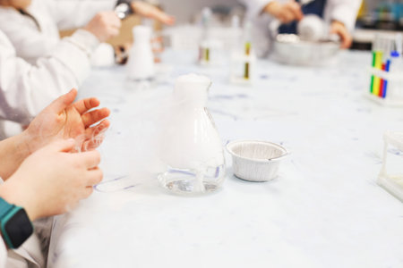 children study science education in the class. Chemical laboratory with test tubes for experiments and multi-colored liquidsの写真素材