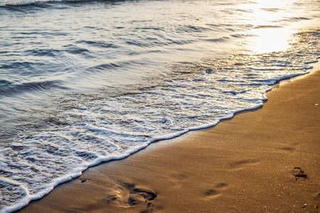 soft sea waves with a foam breaking on a sandy shore tropical beach at summer at the sunsetの写真素材