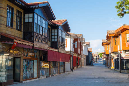 antique houses in Side town in Antalya district of Turkey. View of an old Turkish house