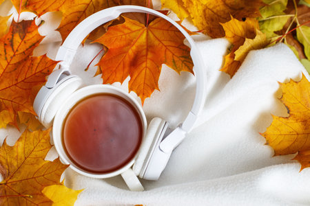 Cup of hot coffee or tea with autumn leaves and headphones on a knitted white plaid backgroundの写真素材