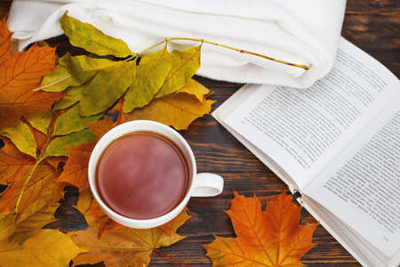 cup of coffee or tea with golden autumn leaves, plaid and book on a wooden background .top view. Fall concept. Autumn compositionの写真素材