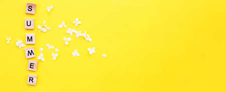 Word summer written from a wooden cubes with letters on a yellow background with a petals of a hydrangea flowers. bannerの写真素材