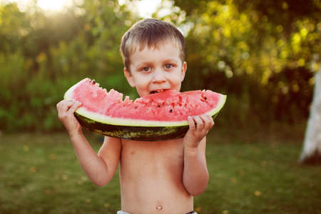 happy smiling child boy eating watermelon outdoor in the backyardの写真素材