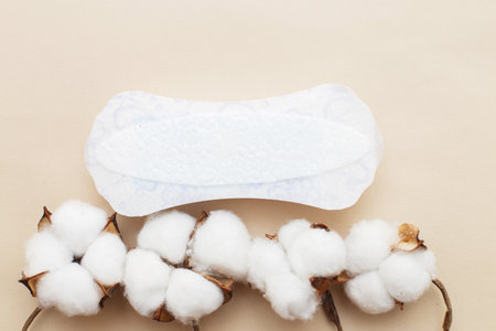 Feminine sanitary pad with a flower of cotton on beige background.の写真素材
