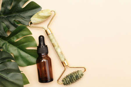 Massage quartz roller for the face of natural nephritis with serum oil in brown glass bottle with monstera leaves on beige background.の写真素材