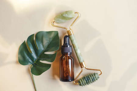Massage quartz roller for the face of natural nephritis with serum oil in brown glass bottle with monstera leaves shadows on beige background.の写真素材