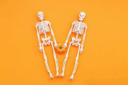 skeletons with pumpkin on orange background. halloween concept.の写真素材