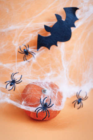 Halloween pumpkin with spider web, bat and black spiders on an orange background.の写真素材