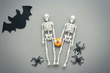 skeletons with pumpkin, bat and black spiders on gray background. halloween concept.の写真素材