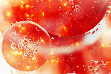 Oil bubbles close up. circles of water macro. abstract orange and fiery red backgroundの写真素材